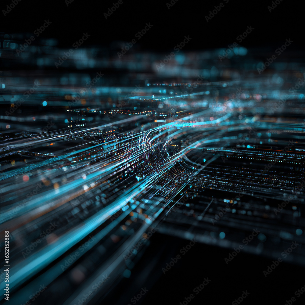 Fototapete quantum data flow, tech background. future technology digital abstract background concept. 3d render
