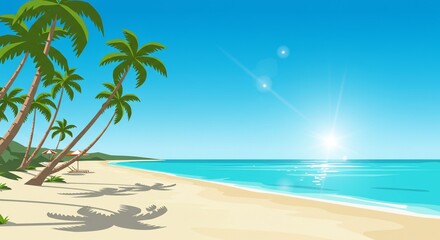 Obraz premium Tropical beach paradise with palm trees, turquoise water, and bright sunshine