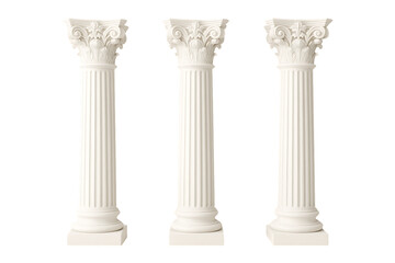 Three corinthian columns with detailed acanthus leaves ornate classical design isolated on transparent background greek or roman arc
