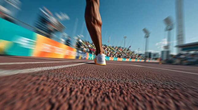 Dynamic Close-Up of Sprinter's Footwear on a Track During Competitive Race