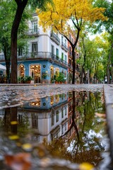 Callejón adoquinado en el barrio gótico durante el otoño, con reflejos en el agua