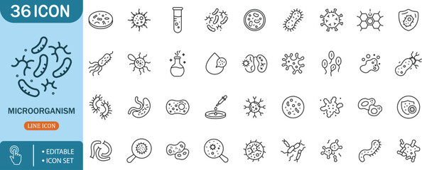 Microorganism Line Icon Set – Bacteria, Germ, Cell, Virus, Science, Health, Infection   © Robiul Design Studio