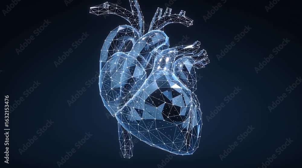 Poster digital low poly human heart model in high tech wireframe design with blue background