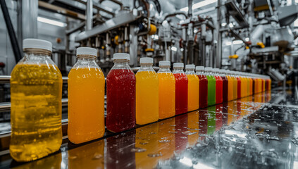 Colorful fruit juice bottles in various shapes move rapidly on a stainless steel conveyor, surrounded by water droplets in a bright, hygienic production line.