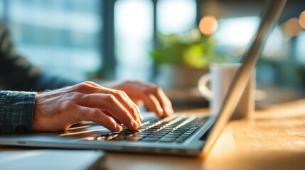 Close-Up of Hands Typing on Laptop Keyboard in Bright Office Space