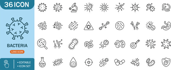 Bacteria Line Icon Set – Microbe, Infection, Virus, Germ, Medicine, Lab, Health

