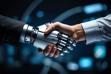 Human and robot shaking hands symbolizing future technology partnership