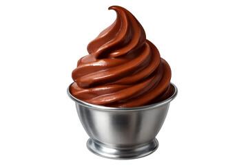 Chocolate soft serve swirling inside metal cup, transparent background highlighting creamy dessert texture and delicate spiral shape