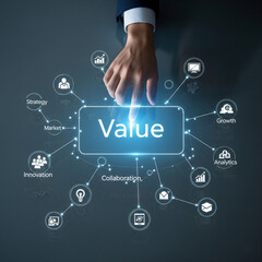 Obraz premium Guiding Business Value: A Hand Hovering Over a Central Node Connected to Strategy, Growth, Innovation, Analytics, and Collaboration