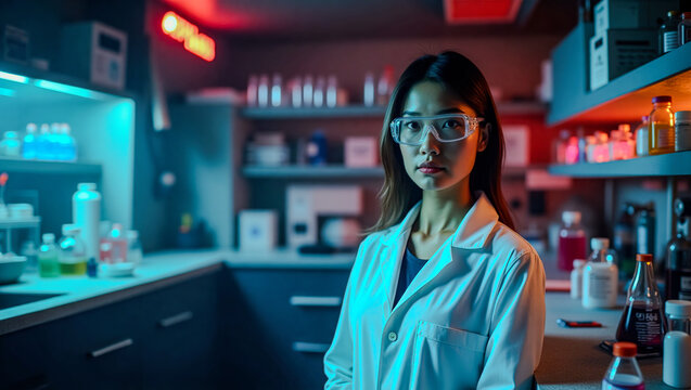 Young woman in white lab coat and safety goggles stands focused in a lab, with shelves of equipment and a blue coronavirus model behind her. - Powered by Adobe