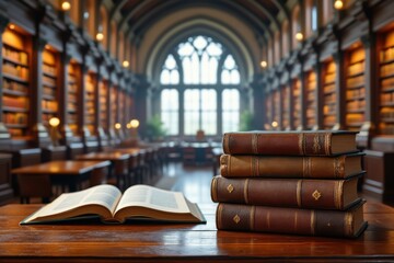 A stack of old books on a wooden table in a classic library setting