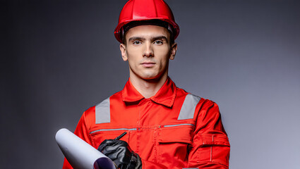 Worker in red helmet and reflective overalls holds a clipboard, ready for inspection or task review. Focused and professional.