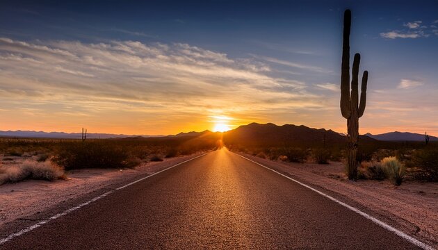sunset over a desert road with a single cactus