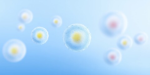 Abstract illustration of microscopic cells floating in a soft blue background, showcasing intricate details and vibrant colors, representing biological processes and life forms
