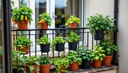 balcony filled with tiered vertical planters growing peppers mint and leafy greens highlighting compact sustainable gardening solutions