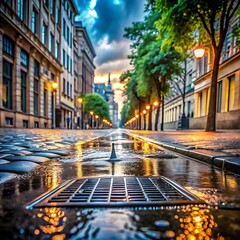 Fototapeta premium Wet cobblestone street with reflections of city lights and buildings