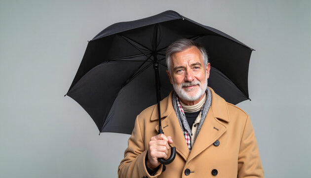 Elderly man smiling while holding a black umbrella indoors  