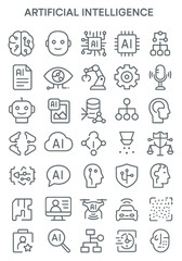 A collection of thin line icons representing various concepts and applications of artificial intelligence.