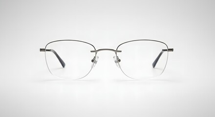 Elegant, modern eyeglasses with a thin metal frame, resting on a white surface.