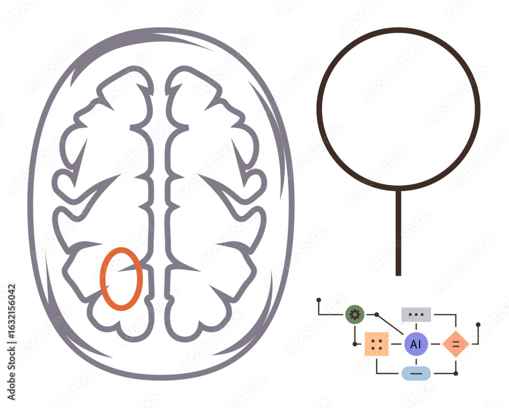 Poster anatomical brain illustration highlighting a specific neural region with interconnected ai tools and