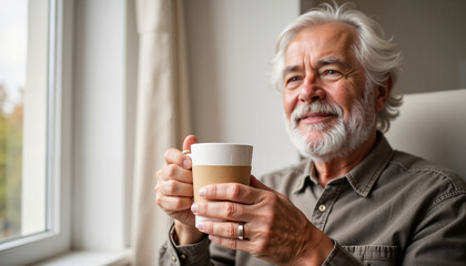 Elderly man smiling and holding a coffee mug while sitting indoors
