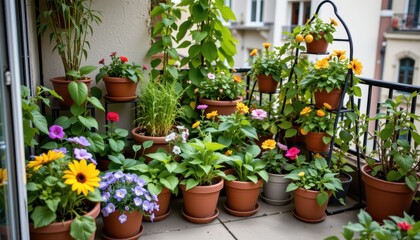 compact city balcony garden featuring edible flowers leafy greens and small fruit plants thriving in pots and vertical racks