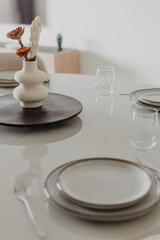 Elegant table setting with ceramic plates, wine glasses and minimal decor