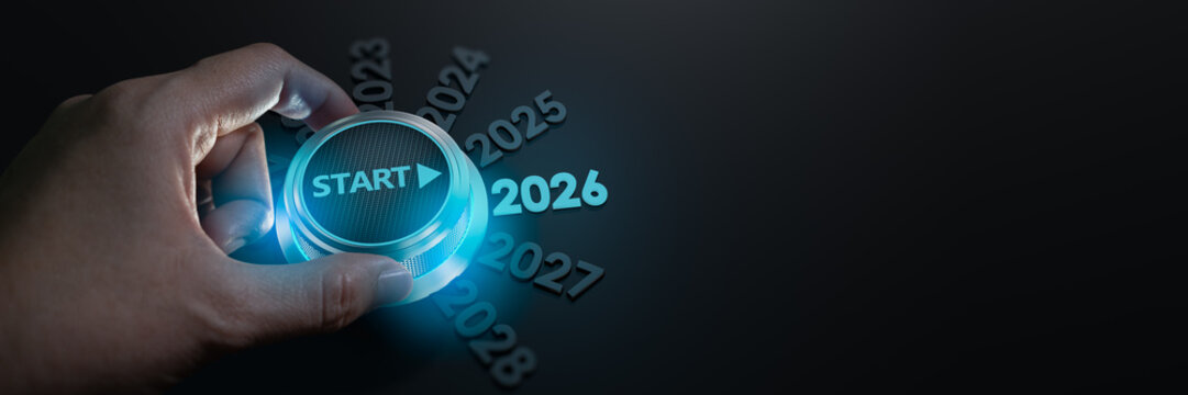 happy new year 2026,Finger about to twist the start button 2026 with the text 2025,2026,2027 and start on twist button.Concept of planning,start,career path,business strategy,opportunity and change
- Powered by Adobe
