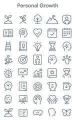 Fototapeta premium Collection of outline style personal growth symbols representing self improvement, learning, and achieving goals in a modern and minimalist style.
