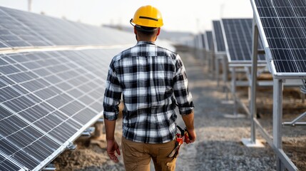 A worker inspects solar panels in a renewable energy field, showcasing the shift towards sustainable technology.