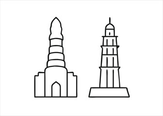 Two distinct historical depictions of the qutub minar monument showcasing its architectural grandeur and cultural significance isolated on white background