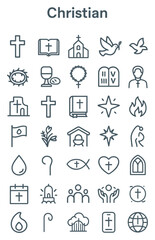 A grid of thin line icons representing Christian religious symbols, figures, and concepts.