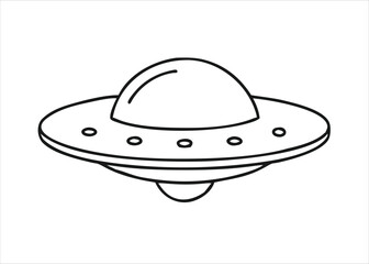 A classic flying saucer shaped spacecraft with a dark silhouette and glowing red lights isolated on white background