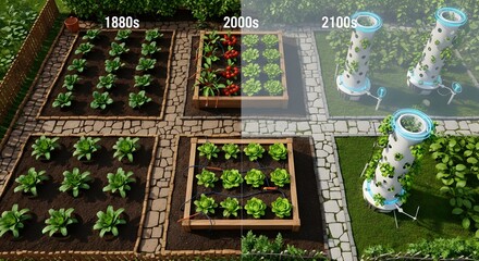 The evolution of gardening from traditional 1880s plots to futuristic 2100s vertical farms.