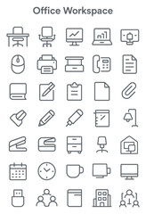 A collection of thin line icons representing various office workspace objects and concepts.
