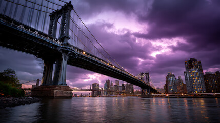 Obraz premium Purple Sunset Over City Bridge and Skyline