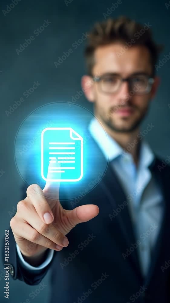 Poster businessman showing online document validation icon, concepts of practices and policies, company art