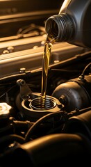 Engine oil being poured into an engine.