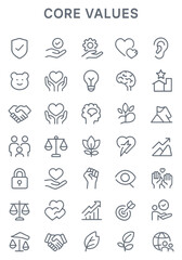A collection of thin line icons representing core values for business and personal principles.
