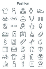 Naklejka premium A versatile set of fashion-themed line icons including clothes, accessories, cosmetics, and sewing equipment.
