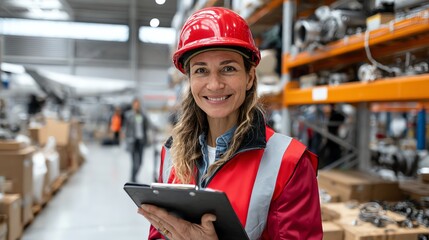 A professional woman in a red hard hat smiles while holding a clipboard in a busy industrial warehouse setting.
