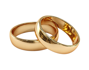 Two gold wedding bands, slightly overlapping, glossy surface, smooth, classic design