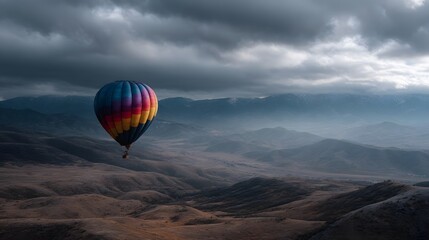 Colorful hot air balloon soars over dramatic mountain landscape
