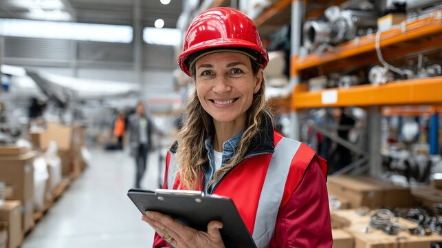 A professional woman in a red hard hat smiles while holding a clipboard in a busy industrial warehouse setting. - Powered by Adobe