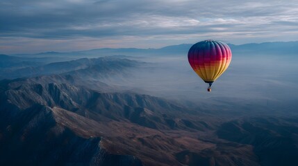 Obraz premium Colorful hot air balloon soaring over rugged mountain landscape