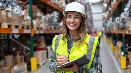 A smiling female warehouse supervisor in safety gear checks inventory on a clipboard, showcasing professionalism and safety in the workplace.