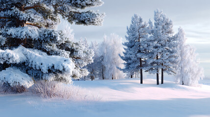 Snow Covered Pine Trees in a Winter Forest Landscape