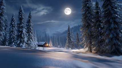 Snowy Cabin in a Winter Forest at Night Under a Full Moon