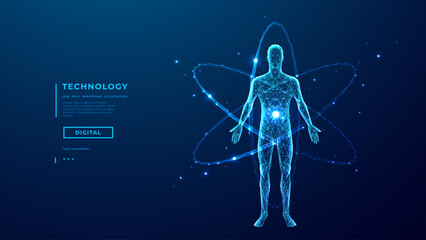 Abstract human body silhouette and nuclear atom model. Science, medicine, and health innovation concepts. AI doctor interface on blue technology background. 3D low poly wireframe vector illustration.