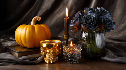 Spooky Halloween Still Life with Pumpkin and Black Roses